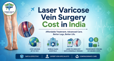 Featured image showing laser varicose vein surgery in India with leg vein treatment visuals, laser technology, hospital care, and international patient support concept