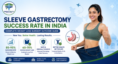 Featured image showing sleeve gastrectomy success rate in India with weight loss transformation, bariatric surgery illustration, and expert obesity treatment concept.