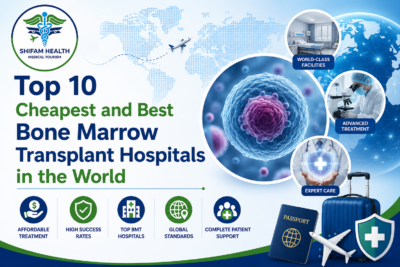 Featured image showing top bone marrow transplant hospitals in the world with stem cell visuals, global healthcare concept, and medical tourism elements