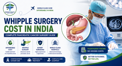 Featured image showing Whipple surgery cost in India with pancreatic anatomy illustration, surgeon performing surgery, and pancreatic cancer treatment concept.