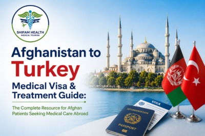 Afghanistan to Turkey medical visa guide featuring Turkey and Afghanistan flags, Istanbul landmark, and healthcare travel concept