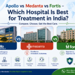 Featured image comparing Apollo, Medanta, and Fortis hospitals in India with hospital buildings, healthcare comparison visuals, and medical tourism concept