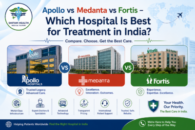 Featured image comparing Apollo, Medanta, and Fortis hospitals in India with hospital buildings, healthcare comparison visuals, and medical tourism concept