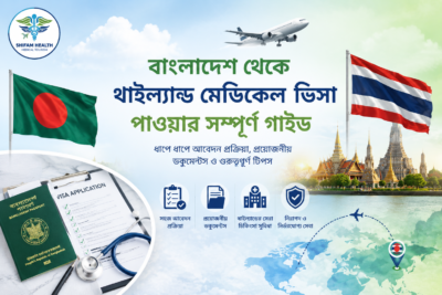 বাংলাদেশ থেকে থাইল্যান্ড মেডিকেল ভিসা গাইড ফিচার্ড ইমেজ যেখানে বাংলাদেশ ও থাইল্যান্ডের পতাকা, মেডিকেল ভ্রমণ এবং ভিসা সম্পর্কিত ভিজ্যুয়াল দেখানো হয়েছে