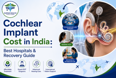 Featured image showing cochlear implant surgery in India with ear anatomy, hearing implant device, hospital care, and international patient support visuals