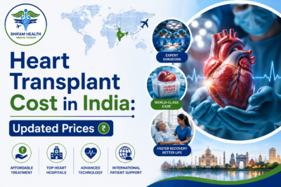 Featured image showing heart transplant treatment in India with realistic heart anatomy, transplant surgery visuals, cardiac specialists, and international patient care concept
