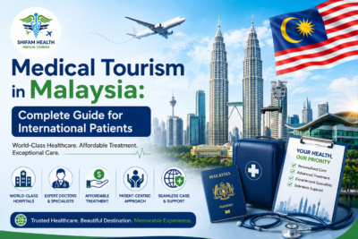 Medical tourism in Malaysia featured image showing Malaysia flag, Kuala Lumpur skyline, Petronas Towers, healthcare travel elements, and international patient care concept