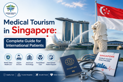 Medical tourism in Singapore featured image showing Singapore flag, Marina Bay Sands, Merlion, and international healthcare travel concept