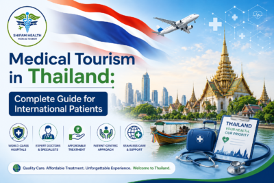 Medical tourism in Thailand featured image showing Thailand flag, Thai temple landmark, healthcare travel visuals, and international patient care concept
