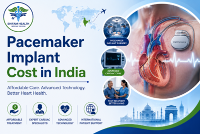 Featured image showing pacemaker implant surgery in India with heart anatomy, cardiac device, advanced heart care visuals, and international patient support concept