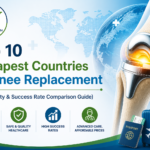 Top 10 cheapest countries for knee replacement showing global cost comparison, safety and success rates with medical infographic design
