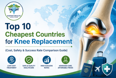 Top 10 cheapest countries for knee replacement showing global cost comparison, safety and success rates with medical infographic design