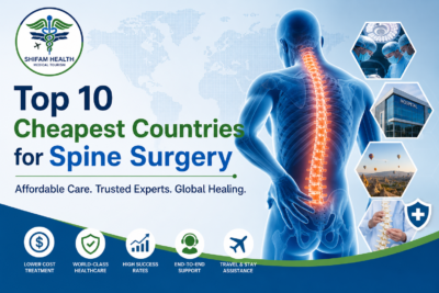 Top 10 cheapest countries for spine surgery showing global cost comparison, advanced hospitals and spine treatment illustration