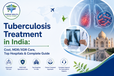 Tuberculosis treatment in India featured image showing lungs, TB bacteria, Indian healthcare visuals, and international patient treatment concept