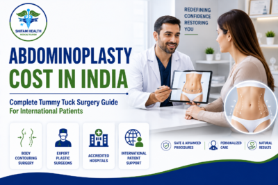 Featured image showing abdominoplasty cost in India with a plastic surgeon consultation, tummy tuck surgery planning, body contouring illustration, and cosmetic surgery care for international patients.