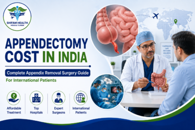 Featured image showing appendectomy cost in India with an appendix anatomy illustration, surgeon consultation, modern surgical care, and treatment options for international patients.