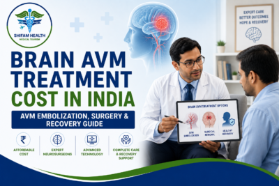 Brain AVM treatment cost in India featured image showing a neurosurgeon consulting a patient about AVM embolization, brain surgery, and recovery options.