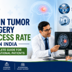 Brain tumor surgery success rate in India featured image showing a neurosurgeon consulting a patient, brain MRI scan, tumor illustration, and advanced neurosurgical care.