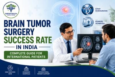 Brain tumor surgery success rate in India featured image showing a neurosurgeon consulting a patient, brain MRI scan, tumor illustration, and advanced neurosurgical care.