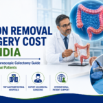 Featured image showing colon removal surgery cost in India with a colorectal surgeon explaining colectomy treatment, colon anatomy illustration, and advanced laparoscopic surgery for international patients.
