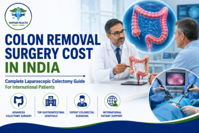 Featured image showing colon removal surgery cost in India with a colorectal surgeon explaining colectomy treatment, colon anatomy illustration, and advanced laparoscopic surgery for international patients.