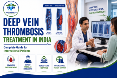 Featured image showing Deep Vein Thrombosis (DVT) treatment in India with a vascular specialist consultation, leg vein blood clot illustration, advanced vascular care, and treatment options for international patients.