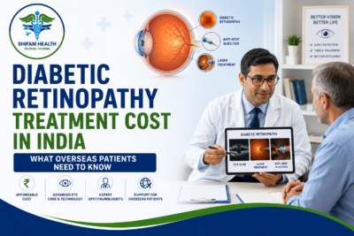 Diabetic retinopathy treatment cost in India featured image showing an ophthalmologist consulting a patient with retinal imaging and advanced eye treatment options.