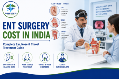Featured image showing ENT surgery cost in India with an ENT specialist consultation, ear, nose and throat anatomy illustrations, advanced diagnostic equipment, and treatment options for international patients.