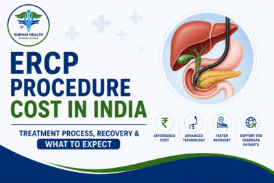 ERCP procedure cost in India featured image showing an endoscopic bile duct procedure, digestive system illustration, and advanced gastroenterology treatment.