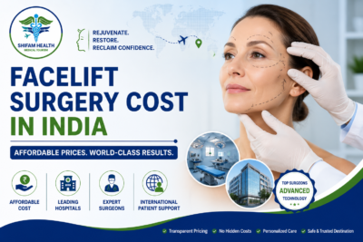 Featured image showing facelift surgery cost in India with a facial rejuvenation consultation, cosmetic surgery planning markings, modern hospital facilities, and treatment options for international patients.