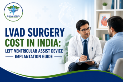 LVAD surgery cost in India featured image showing a cardiac specialist consulting a patient about left ventricular assist device implantation and advanced heart failure treatment.