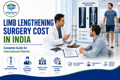 Featured image showing limb lengthening surgery in India with an orthopedic surgeon consultation, leg bone lengthening procedure illustration, rehabilitation support, and advanced orthopedic care for international patients.