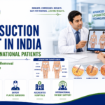 Featured image showing liposuction treatment in India with a plastic surgeon consultation, body contouring illustration, fat removal procedure visualization, and cosmetic surgery care for international patients.