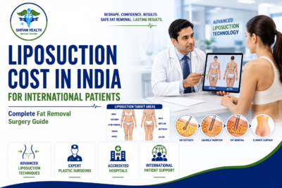 Featured image showing liposuction treatment in India with a plastic surgeon consultation, body contouring illustration, fat removal procedure visualization, and cosmetic surgery care for international patients.