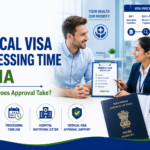 Featured image showing medical visa processing time in India with a visa consultant assisting an international patient, medical visa application documents, approval timeline, Indian passport, and visa approval process.