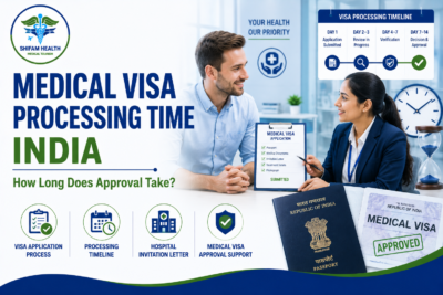 Featured image showing medical visa processing time in India with a visa consultant assisting an international patient, medical visa application documents, approval timeline, Indian passport, and visa approval process.