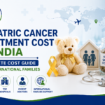 Featured image showing pediatric cancer treatment cost in India with a childhood cancer awareness ribbon, teddy bear, family support symbol, and affordable healthcare concept for international families.