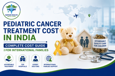 Featured image showing pediatric cancer treatment cost in India with a childhood cancer awareness ribbon, teddy bear, family support symbol, and affordable healthcare concept for international families.