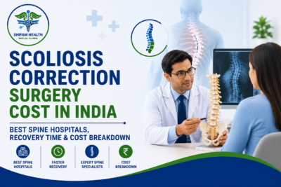 Scoliosis correction surgery cost in India featured image showing a spine specialist consulting a patient with a spinal model and scoliosis X-ray.