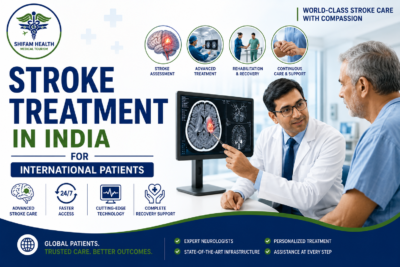 Stroke treatment in India featured image showing a neurologist consulting a patient, reviewing brain scan results, and explaining advanced stroke care and recovery support.