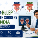 TURP versus HoLEP prostate surgery in India featured image showing a urologist consulting a patient, prostate treatment illustrations, and comparison of traditional TURP and laser HoLEP procedures.