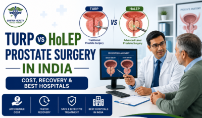 TURP versus HoLEP prostate surgery in India featured image showing a urologist consulting a patient, prostate treatment illustrations, and comparison of traditional TURP and laser HoLEP procedures.