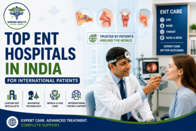 Top ENT hospitals in India featured image showing an ENT specialist examining a patient, with ear, nose, and throat care illustrations and advanced ENT clinic equipment.