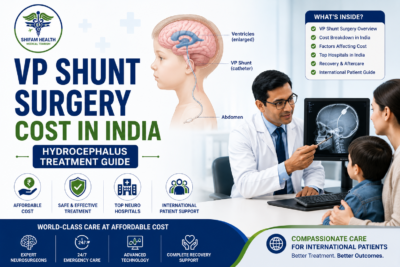 VP shunt surgery cost in India featured image showing hydrocephalus treatment, a neurosurgeon consulting a family, brain shunt anatomy illustration, and advanced pediatric neurosurgical care.