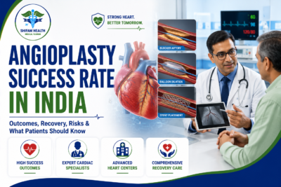 Featured image showing angioplasty treatment in India with a cardiologist consultation, coronary artery stent placement, heart anatomy illustration, and advanced cardiac care for patients.