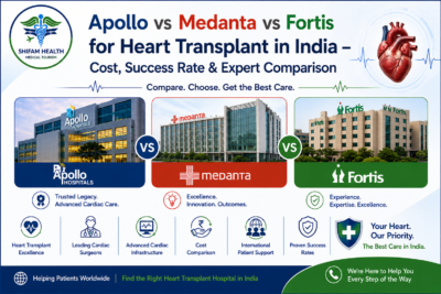 Comparison featured image showing Apollo Hospitals, Medanta, and Fortis hospitals for heart transplant treatment in India, including cost comparison, success rates, cardiac specialists, and hospital infrastructure.