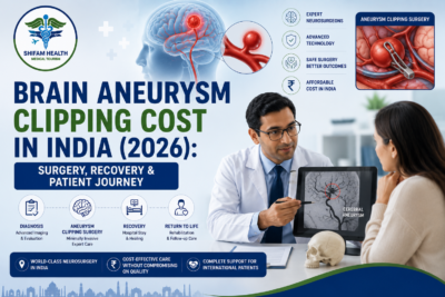 Brain aneurysm clipping cost in India featured image showing a neurosurgeon consulting a patient with brain aneurysm imaging and advanced cerebrovascular surgery visuals.