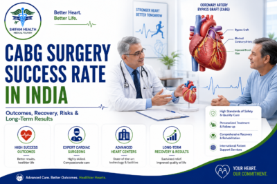 Featured image showing CABG surgery success rate in India with a cardiac surgeon consultation, coronary artery bypass graft heart illustration, recovery guidance, and advanced cardiac care.
