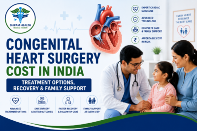 Congenital heart surgery cost in India featured image showing a pediatric cardiac surgeon consulting a child and parent with a heart anatomy illustration.