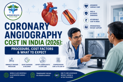 Coronary angiography cost in India featured image showing a cardiologist explaining coronary angiography results with heart and coronary artery illustrations.